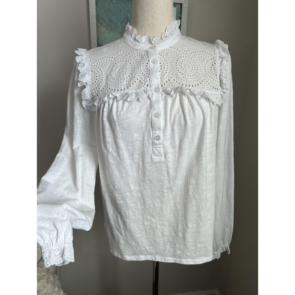 Boden Top Size 8 White Eyelet Ruffle Button Boho Cottagecore Prairie Boho Blouse